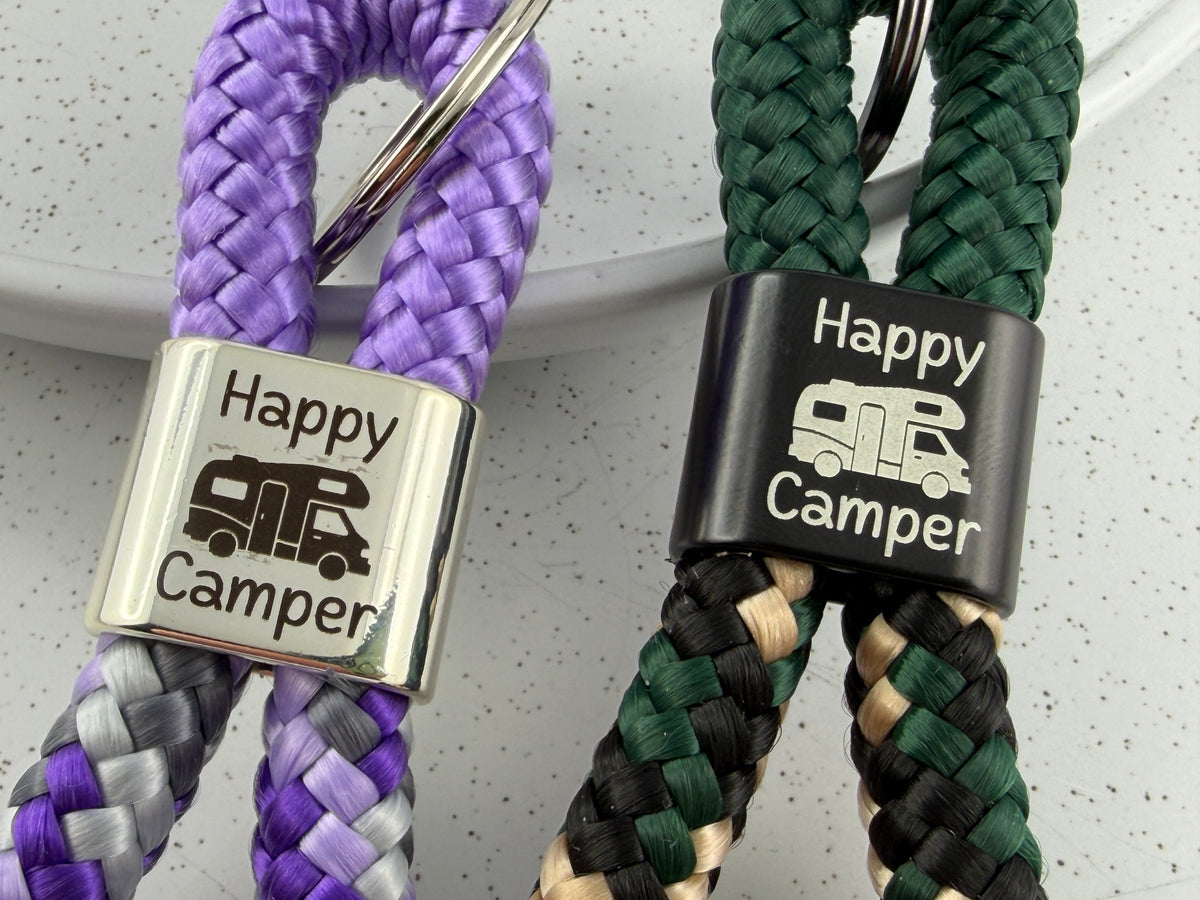 Happy Camper Schlüsselanhänger aus Segelseil mit Wohnmobil | Geschenk für Camper | Seilfarben frei wählbar