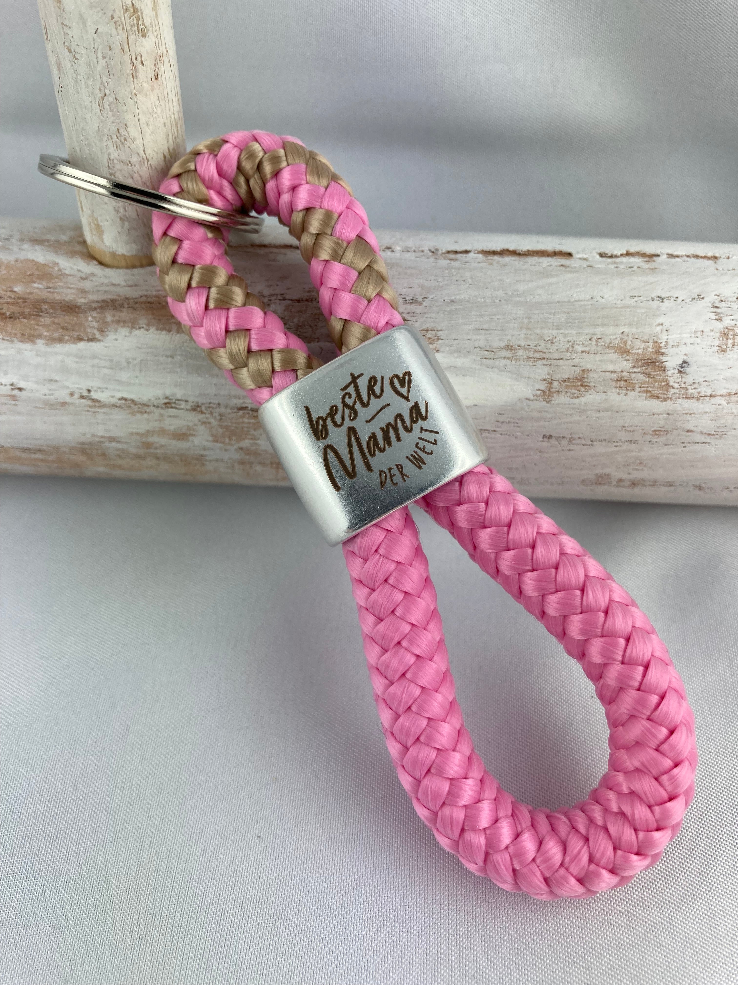 Schlüsselanhänger aus Segelseil mit versilbertem Zwischenstück mit Gravur "Beste Mama der Welt", rosa-beige/ rosa