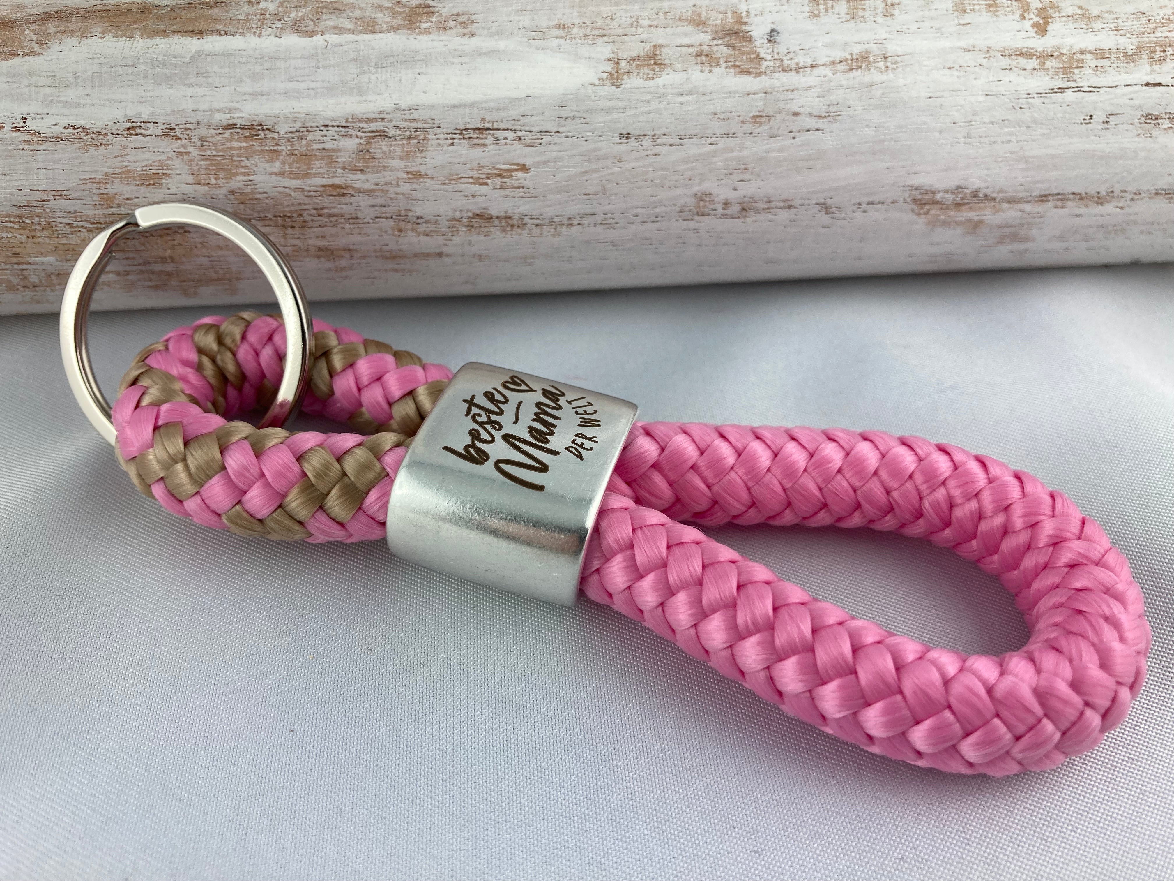 Schlüsselanhänger aus Segelseil mit versilbertem Zwischenstück mit Gravur "Beste Mama der Welt", rosa-beige/ rosa