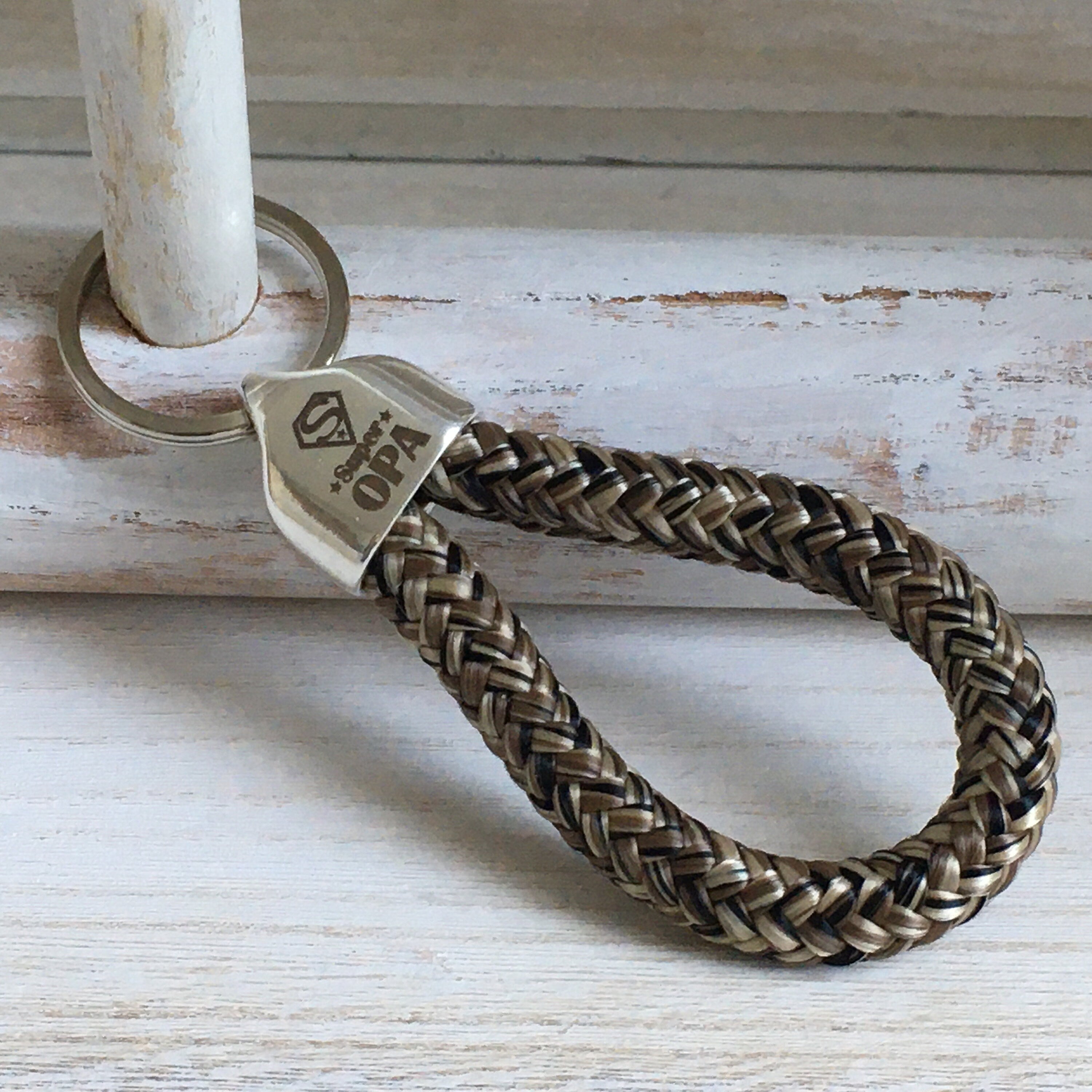 Schlüsselanhänger aus Segelseil mit versilberter Endkappe mit Gravur "Super Opa", maritimer Schlüsselanhänger, braun-beige-Mix