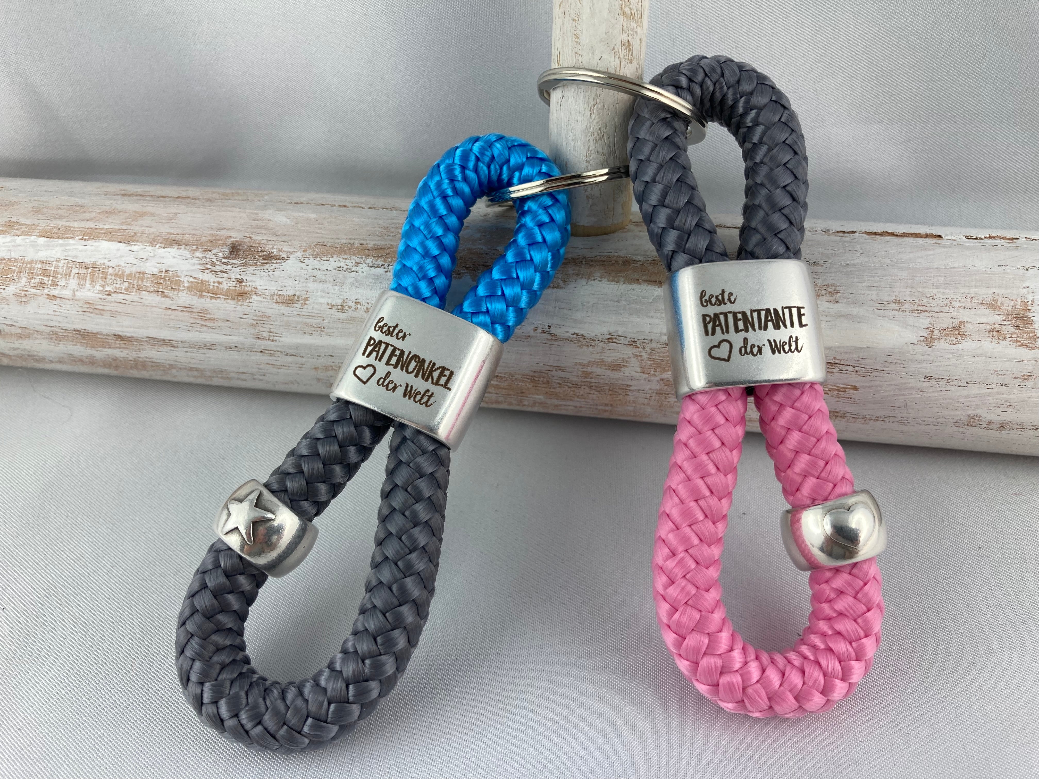 Set Schlüsselanhänger aus Segelseil "beste Patentante und bester Patenonkel der Welt"  handgefertigt mit Gravur
