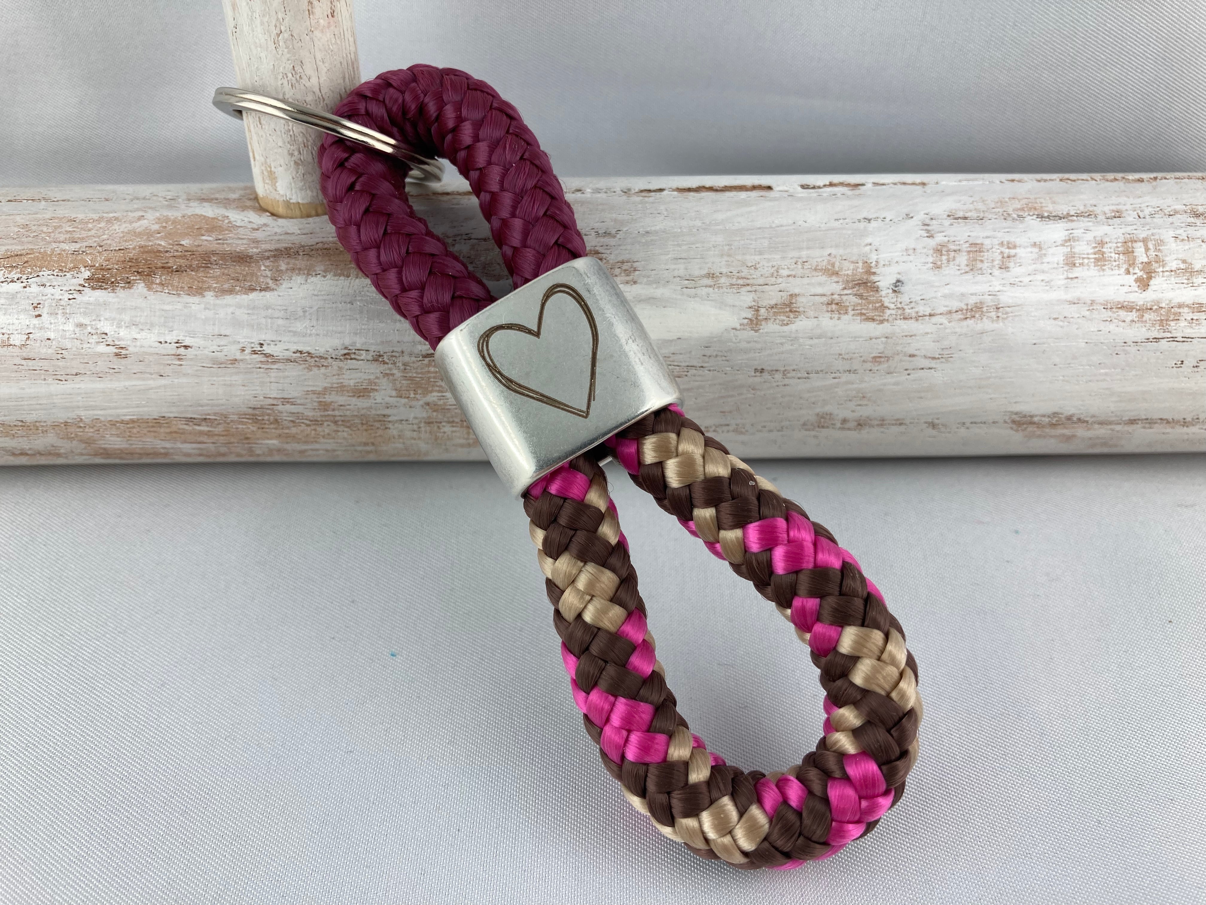 Schlüsselanhänger aus Segelseil mit graviertem Herz - klein und handlich, aubergine/ braun-pink-mix
