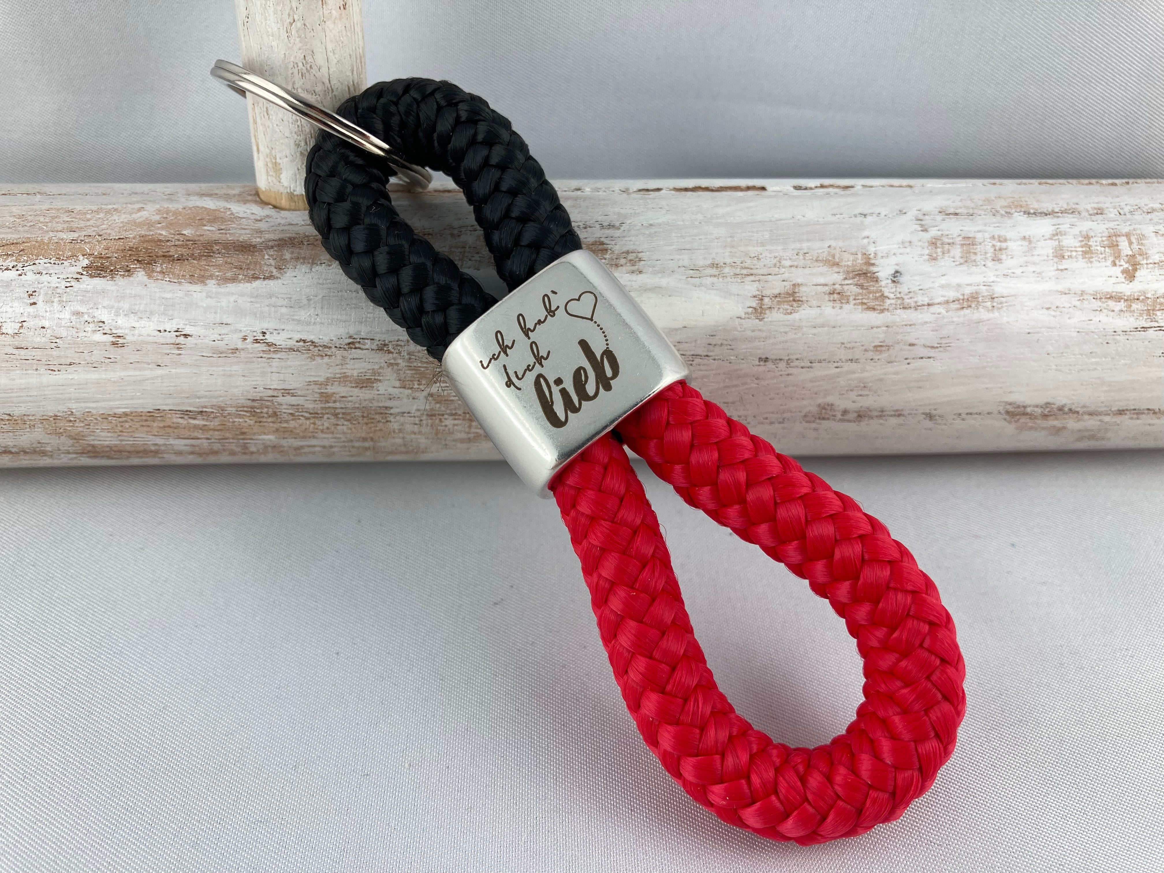 Schlüsselanhänger aus Segelseil mit Gravur "ich hab' dich lieb" - Handgefertigt in schwarz/ rot